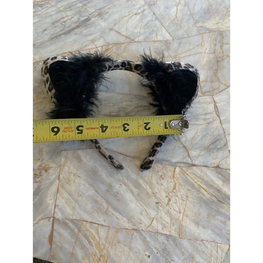 Leopard Print Cat Ear Headband with Black Marabou Feather Trim Costume Accessory